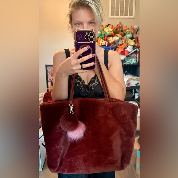 Large Burgundy Faux Fur Handbag w/ PomPom Attachments & Small Bag - Picture 9 of 9